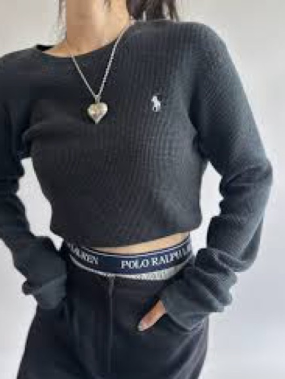 Polo by Ralph Lauren Charcoal Cropped Reworked Crewneck Henley Sweater | Medium